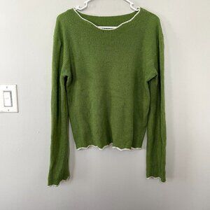 Vintage 90's green white ribbed knit long sleeved sweater casual women size S